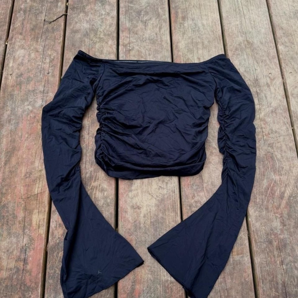 Edikted Black Ruched Off The Shoulder Flare Sleeve Crop Top XS
